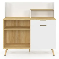 Buffet bas de cuisine 120 CM OLAF plan de travail H.83 cm 1 porte + 1 tiroir façon hêtre et blanc