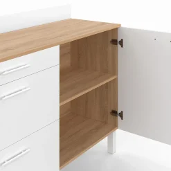 Buffet bas de cuisine 120 cm casserolier CINA plan de travail H.83 cm 1 porte + 3 tiroirs façon hêtre et blanc