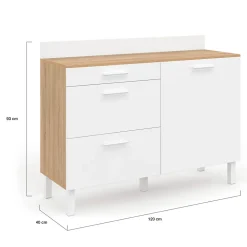 Buffet bas de cuisine 120 cm casserolier CINA plan de travail H.83 cm 1 porte + 3 tiroirs façon hêtre et blanc