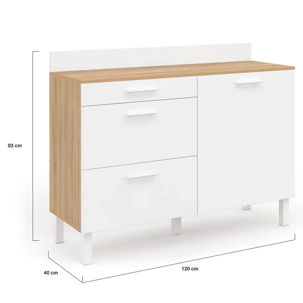 Buffet bas de cuisine 120 cm casserolier CINA plan de travail H.83 cm 1 porte + 3 tiroirs façon hêtre et blanc