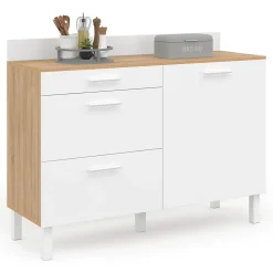 Buffet bas de cuisine 120 cm casserolier CINA plan de travail H.83 cm 1 porte + 3 tiroirs façon hêtre et blanc