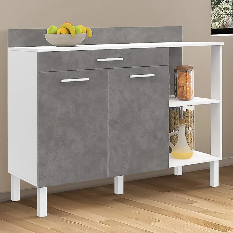 Buffet bas de cuisine 120 cm CINA plan de travail H.83 cm 2 portes + tiroir blanc et effet béton