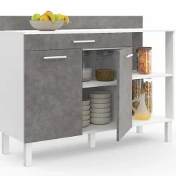 Buffet bas de cuisine 120 cm CINA plan de travail H.83 cm 2 portes + tiroir blanc et effet béton
