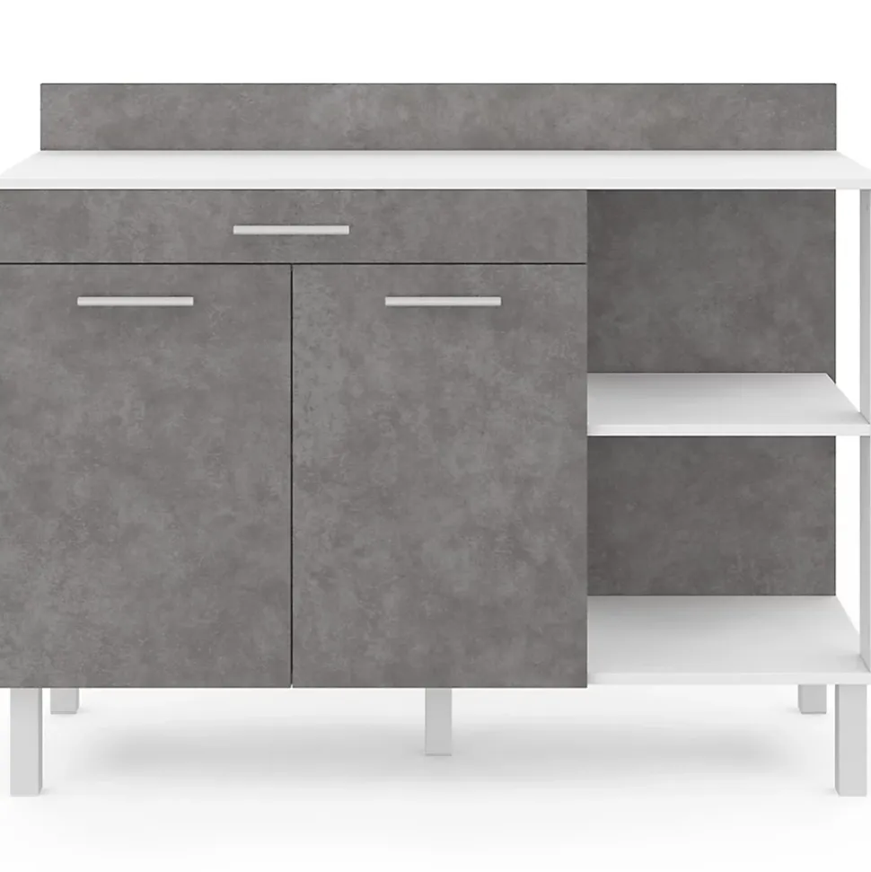 Buffet bas de cuisine 120 cm CINA plan de travail H.83 cm 2 portes + tiroir blanc et effet béton