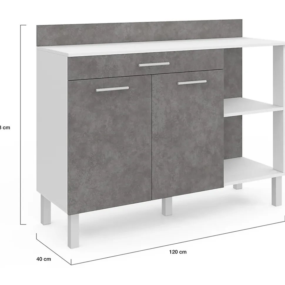 Buffet bas de cuisine 120 cm CINA plan de travail H.83 cm 2 portes + tiroir blanc et effet béton