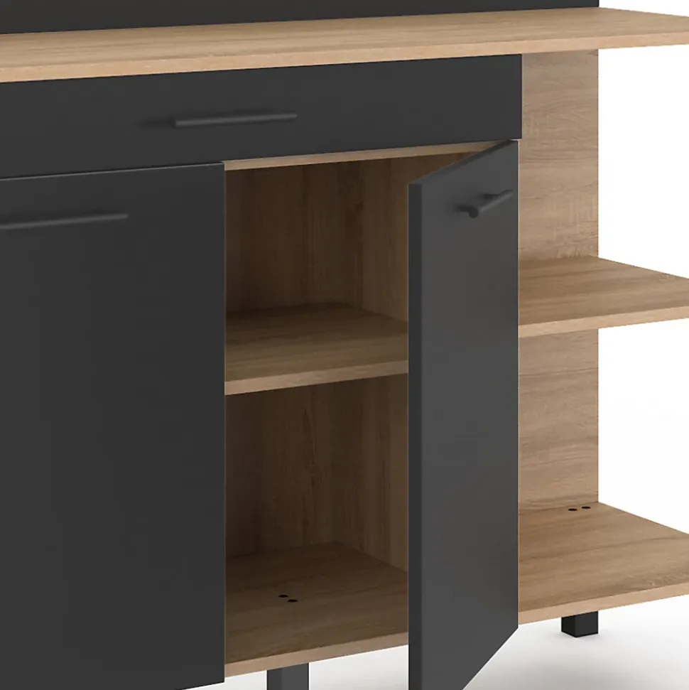 Buffet bas de cuisine 120 CM CINA plan de travail H.83 cm 2 portes + tiroir façon hêtre et noir