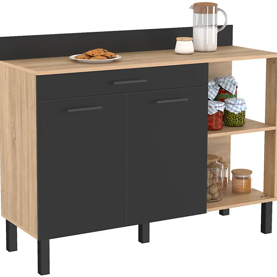 Buffet bas de cuisine 120 CM CINA plan de travail H.83 cm 2 portes + tiroir façon hêtre et noir