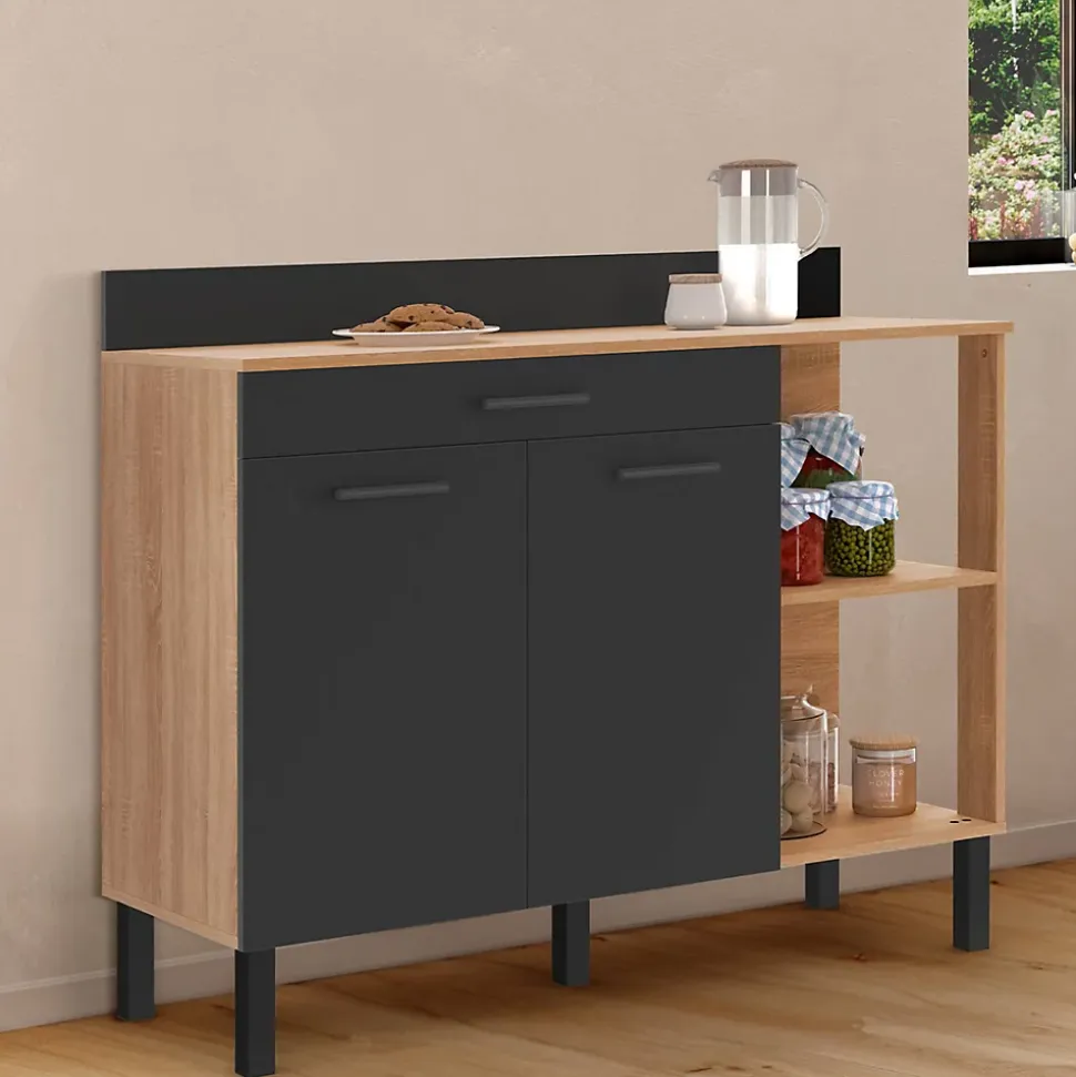 Buffet bas de cuisine 120 CM CINA plan de travail H.83 cm 2 portes + tiroir façon hêtre et noir