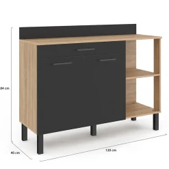 Buffet bas de cuisine 120 CM CINA plan de travail H.83 cm 2 portes + tiroir façon hêtre et noir