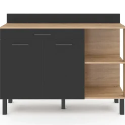 Buffet bas de cuisine 120 CM CINA plan de travail H.83 cm 2 portes + tiroir façon hêtre et noir