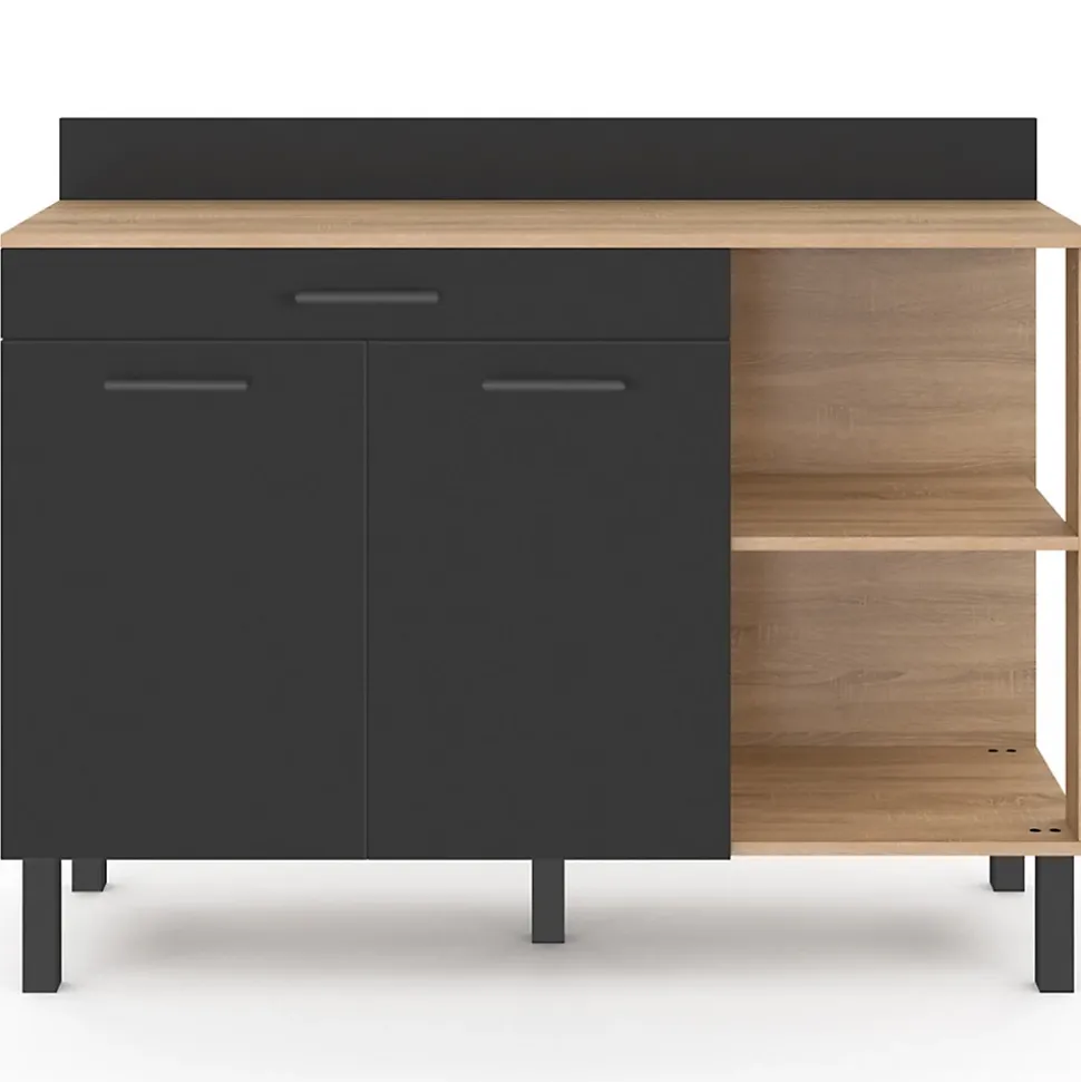 Buffet bas de cuisine 120 CM CINA plan de travail H.83 cm 2 portes + tiroir façon hêtre et noir