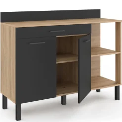 Buffet bas de cuisine 120 CM CINA plan de travail H.83 cm 2 portes + tiroir façon hêtre et noir
