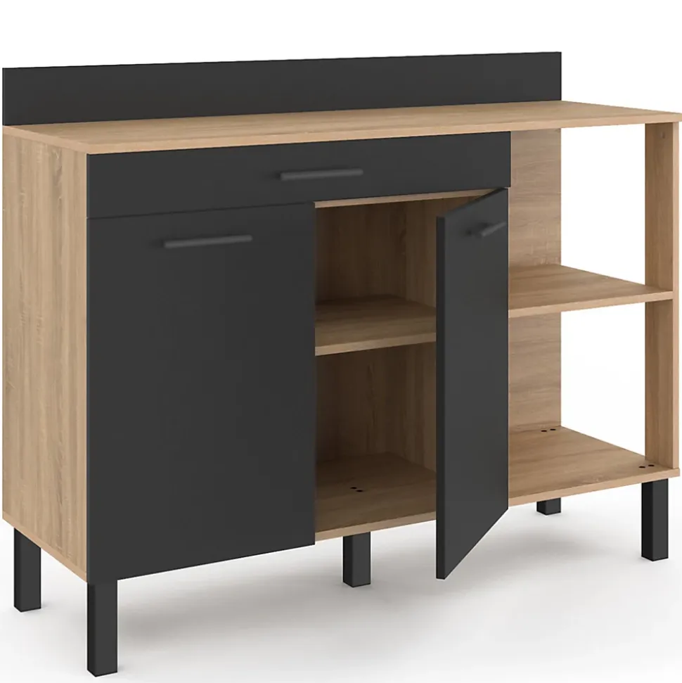 Buffet bas de cuisine 120 CM CINA plan de travail H.83 cm 2 portes + tiroir façon hêtre et noir