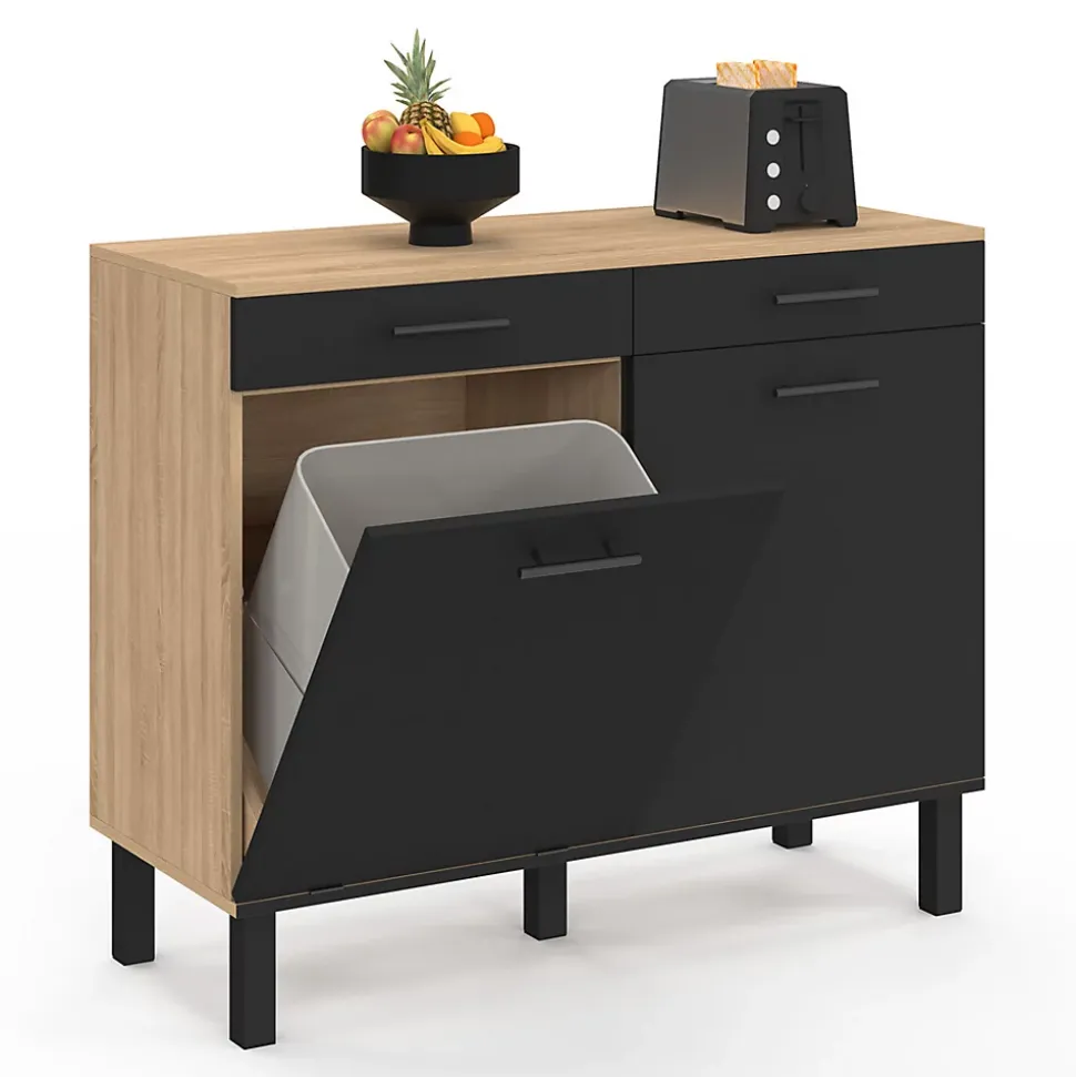 Buffet bas de cuisine avec espace poubelle 100 cm CINA plan de travail H.83 cm 2 portes + tiroirs façon hêtre et noir