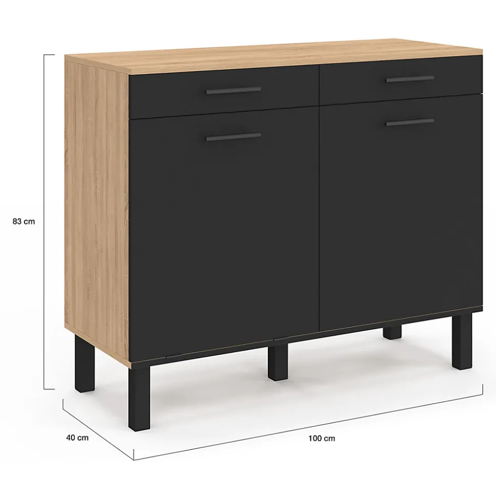 Buffet bas de cuisine avec espace poubelle 100 cm CINA plan de travail H.83 cm 2 portes + tiroirs façon hêtre et noir