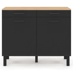 Buffet bas de cuisine avec espace poubelle 100 cm CINA plan de travail H.83 cm 2 portes + tiroirs façon hêtre et noir