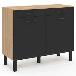 Buffet bas de cuisine avec espace poubelle 100 cm CINA plan de travail H.83 cm 2 portes + tiroirs façon hêtre et noir