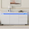 Buffet Bas LED avec 3 Tiroirs et 2 Portes, Meuble de Rangement Moderne Sans Poignées MDF - Blanc - 140x38x72 cm
