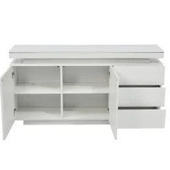 Buffet Bas LED avec 3 Tiroirs et 2 Portes, Meuble de Rangement Moderne Sans Poignées MDF - Blanc - 140x38x72 cm