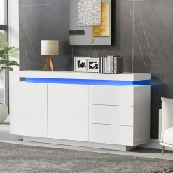 Buffet Bas LED avec 3 Tiroirs et 2 Portes, Meuble de Rangement Moderne Sans Poignées MDF - Blanc - 140x38x72 cm