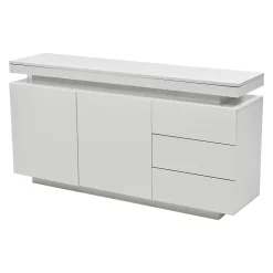 Buffet Bas LED avec 3 Tiroirs et 2 Portes, Meuble de Rangement Moderne Sans Poignées MDF - Blanc - 140x38x72 cm