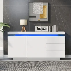 Buffet Bas LED avec 3 Tiroirs et 2 Portes, Meuble de Rangement Moderne Sans Poignées MDF - Blanc - 140x38x72 cm
