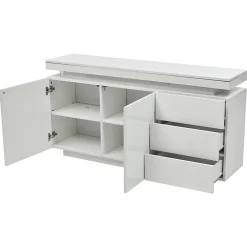 Buffet Bas LED avec 3 Tiroirs et 2 Portes, Meuble de Rangement Moderne Sans Poignées MDF - Blanc - 140x38x72 cm