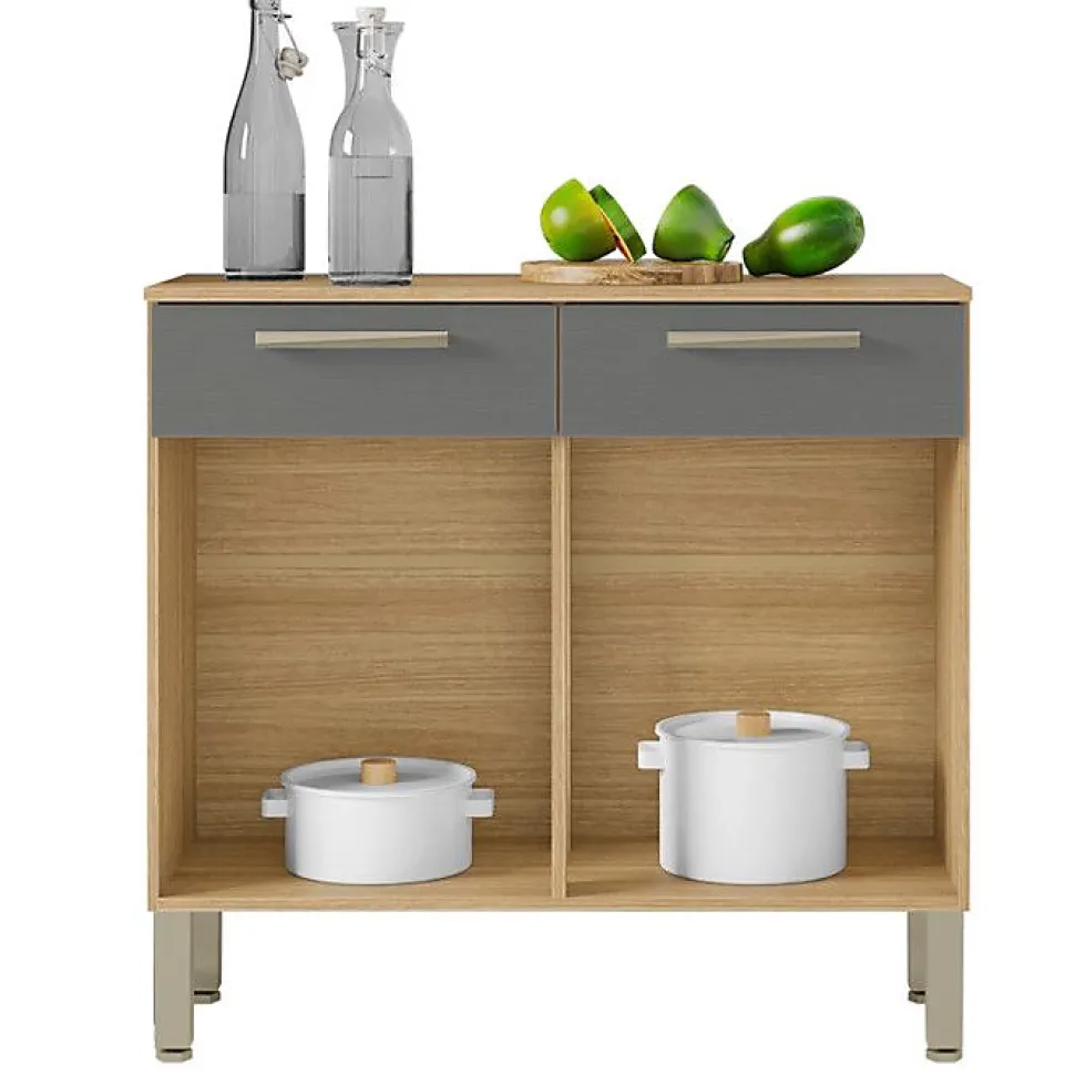 Buffet Bas Meuble Cuisine 2 Portes 2 Tiroirs Chêne et Gris 2 Niches 91 cm - L 90.9 x l 36.3 x H 86 cm