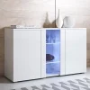 Buffet bas moderne - 3 portes, LED bleues, blanc - 120x72x40 cm