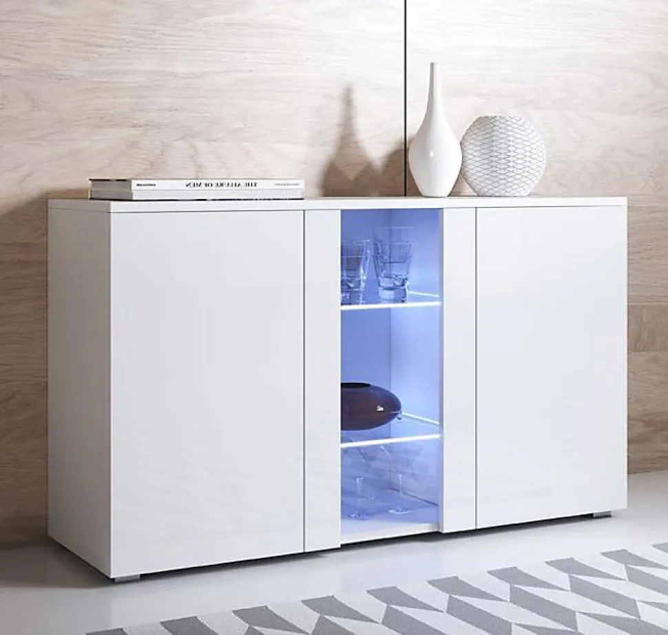 Buffet bas moderne - 3 portes, LED bleues, blanc - 120x72x40 cm