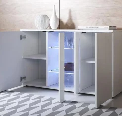 Buffet bas moderne - 3 portes, LED bleues, blanc - 120x72x40 cm