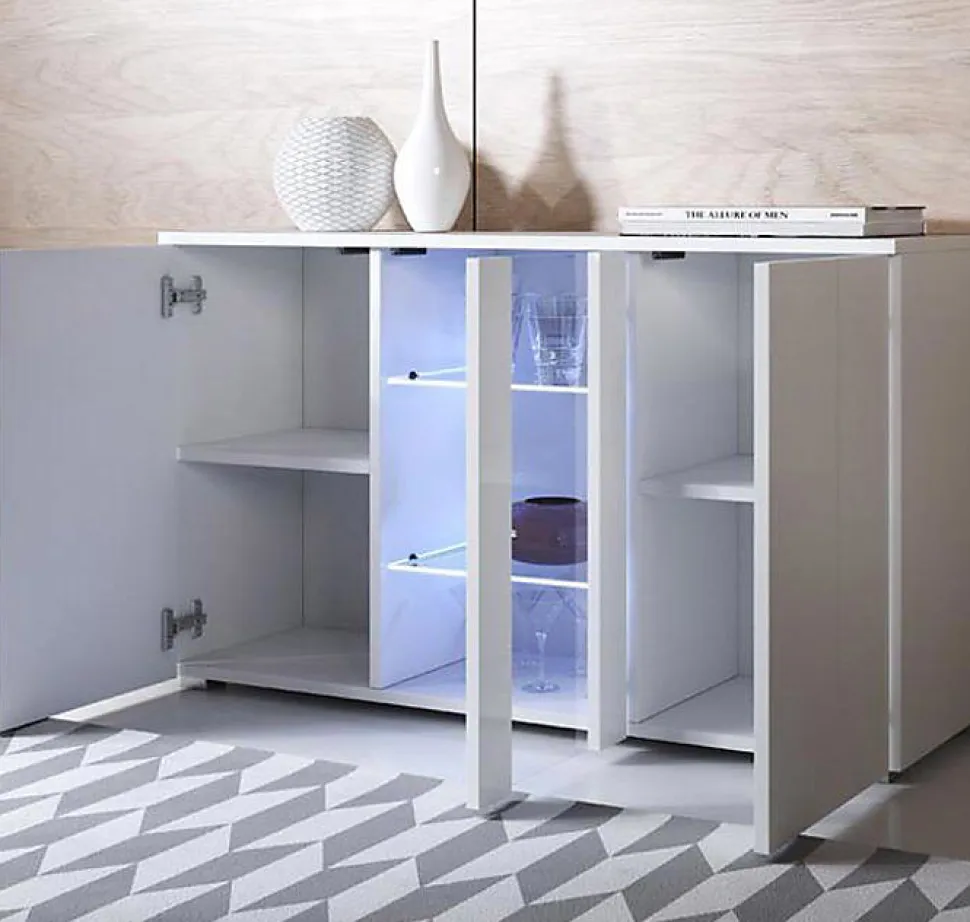 Buffet bas moderne - 3 portes, LED bleues, blanc - 120x72x40 cm