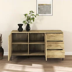 Buffet bas moderne - 2 portes 3 tiroirs - Chêne Alba - Mélaminé mat - L150 x H80 x P41 cm