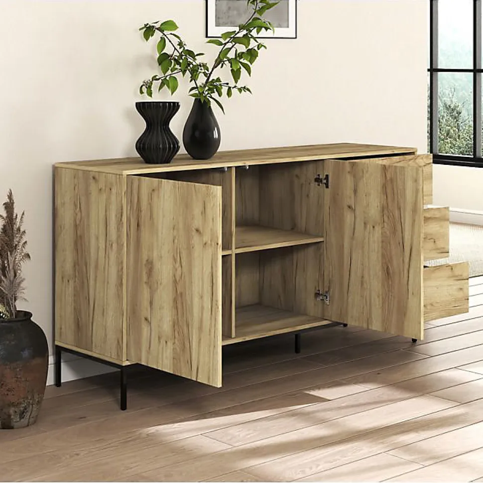 Buffet bas moderne - 2 portes 3 tiroirs - Chêne Alba - Mélaminé mat - L150 x H80 x P41 cm