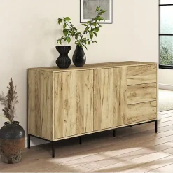 Buffet bas moderne - 2 portes 3 tiroirs - Chêne Alba - Mélaminé mat - L150 x H80 x P41 cm