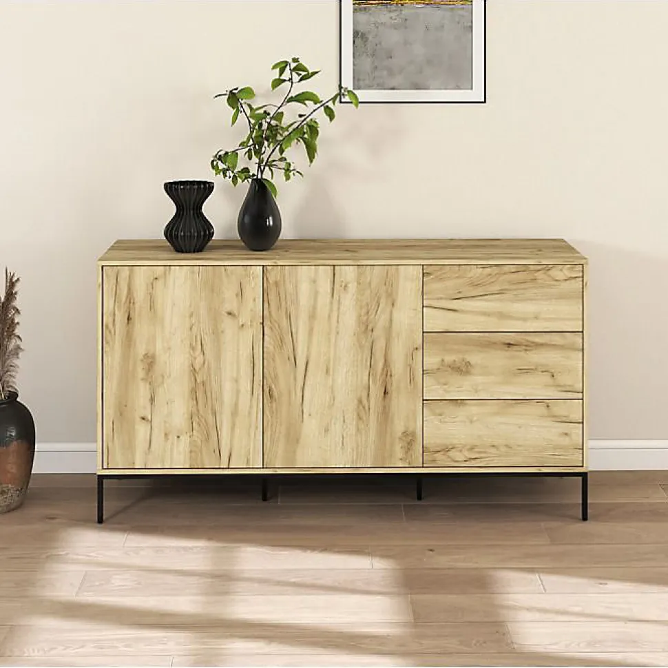 Buffet bas moderne - 2 portes 3 tiroirs - Chêne Alba - Mélaminé mat - L150 x H80 x P41 cm