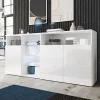 Buffet bas moderne - 3 portes - LED bleu - Blanc brillant - 150x35x72 cm