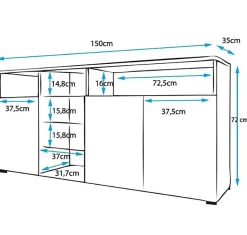 Buffet bas moderne - 3 portes - LED bleu - Blanc brillant - 150x35x72 cm