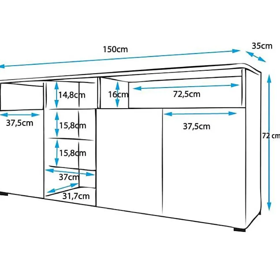 Buffet bas moderne - 3 portes - LED bleu - Blanc brillant - 150x35x72 cm
