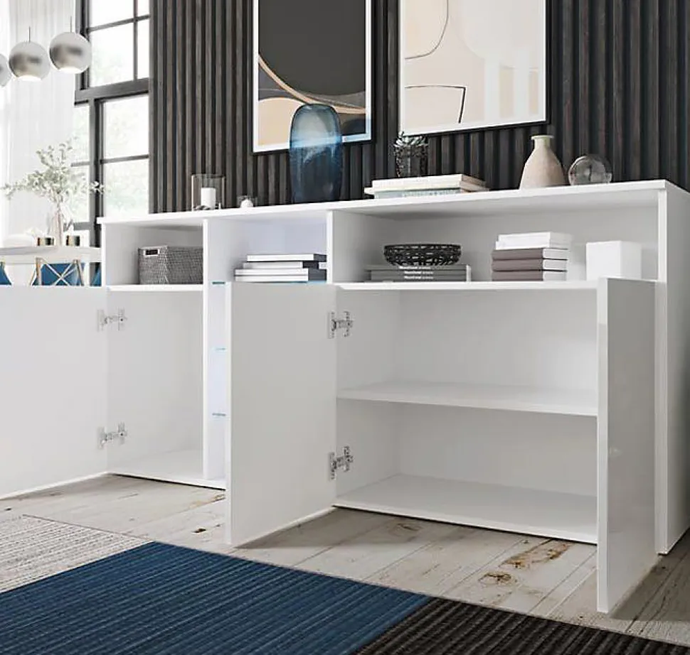 Buffet bas moderne - 3 portes - LED bleu - Blanc brillant - 150x35x72 cm