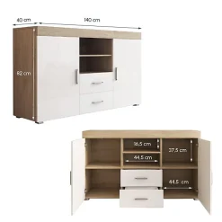 Buffet bas moderne - Mélamine blanche/sonoma - 2 portes 2 tiroirs - 140x80x40 cm