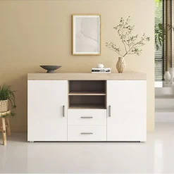 Buffet bas moderne - Mélamine blanche/sonoma - 2 portes 2 tiroirs - 140x80x40 cm