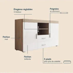 Buffet bas moderne - Mélamine blanche/sonoma - 2 portes 2 tiroirs - 140x80x40 cm