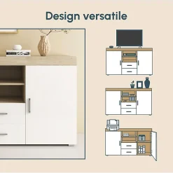 Buffet bas moderne - Mélamine blanche/sonoma - 2 portes 2 tiroirs - 140x80x40 cm
