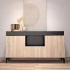 Buffet bas moderne - Noir & Sonoma - Mélamine - 3 portes - 130x70x32,5 cm