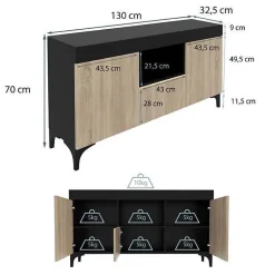Buffet bas moderne - Noir & Sonoma - Mélamine - 3 portes - 130x70x32,5 cm