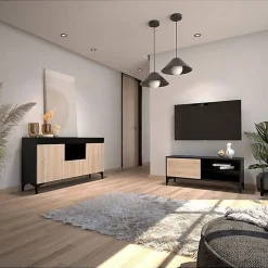 Buffet bas moderne - Noir & Sonoma - Mélamine - 3 portes - 130x70x32,5 cm