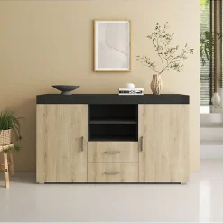 Buffet bas moderne - Noir brillant & Sonoma - Mélamine - 2 portes 2 tiroirs - 140x80x40 cm