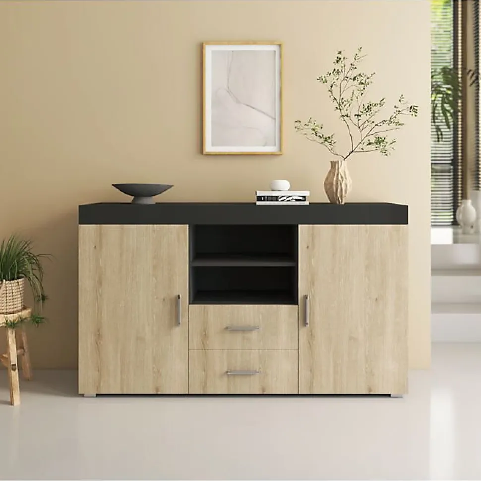Buffet bas moderne - Noir brillant & Sonoma - Mélamine - 2 portes 2 tiroirs - 140x80x40 cm