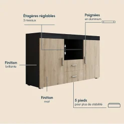 Buffet bas moderne - Noir brillant & Sonoma - Mélamine - 2 portes 2 tiroirs - 140x80x40 cm